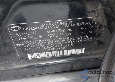 2013 Hyundai Sonata Gls from USA, damaged, VIN 5NPEB4AC1DH643868